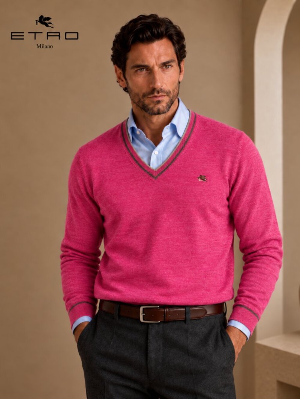 Etro Men's V-Neck Wool Sweater in Pink with Contrast Trim Size XL NWT